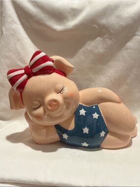 Patriotic Pig Wearing Swimsuit and Red Bow